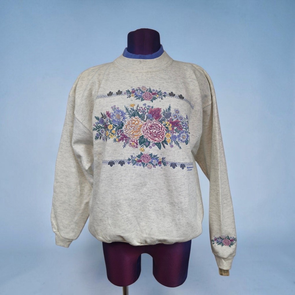 NWT Morning Sun Floral Sweatshirt Petite Medium Double Collar USA Vintage 90s